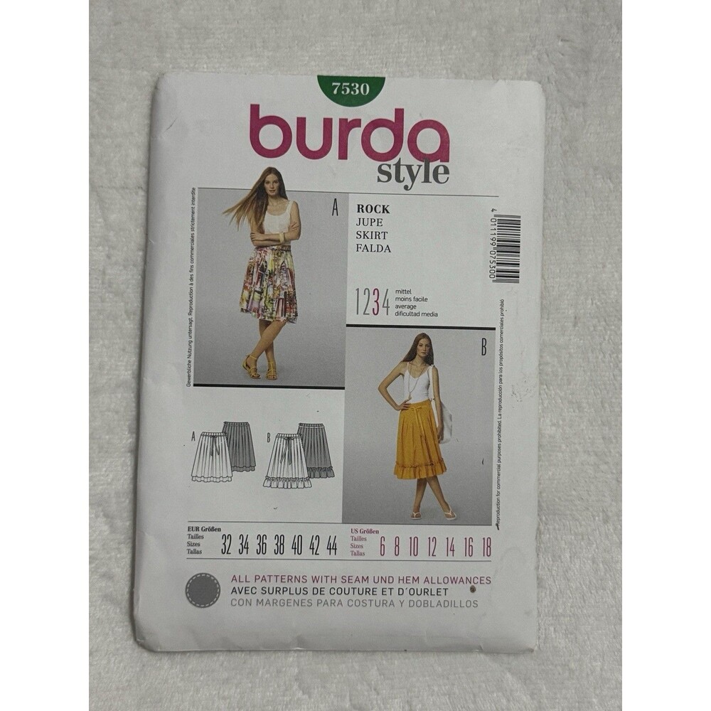 Burda Style 7530 Sewing Pattern Misses Skirt Semi fitted pleated Size 6-18